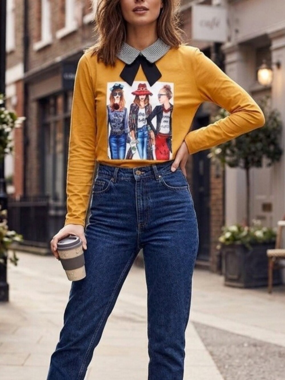 3/$20 Mustard Graphic Collar Neck Shirt Top Womens Size Large Long Sleeve